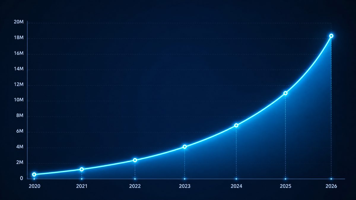 av在线用户增长数据图表,展示2020-2026年注册用户从50万增长至1800万的趋势